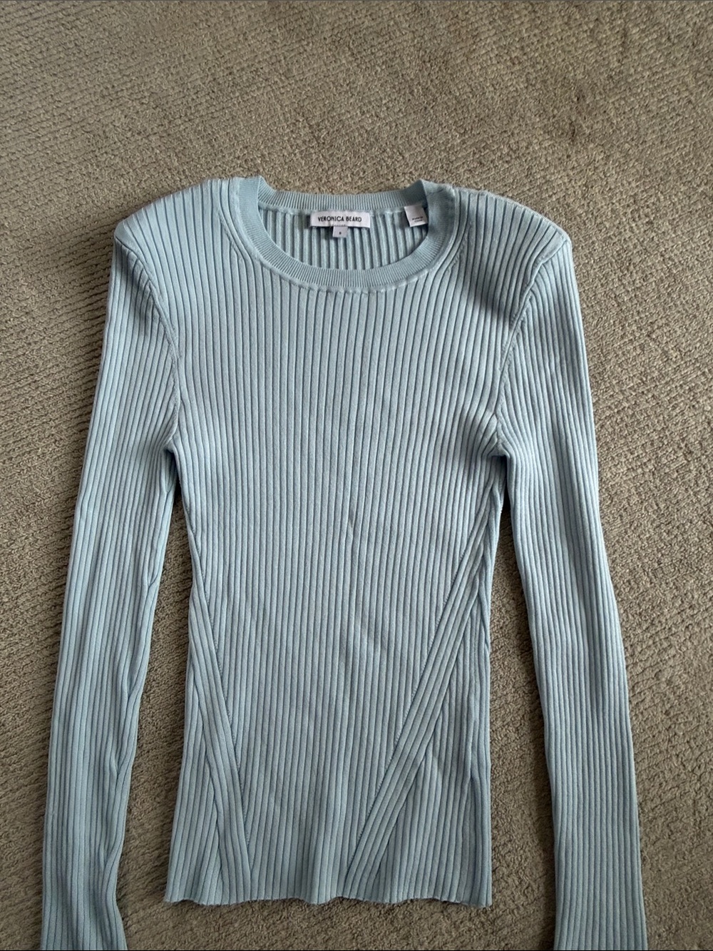 Veronica Beard Pale Blue Ribbed Crewneck Long Sleeve Top